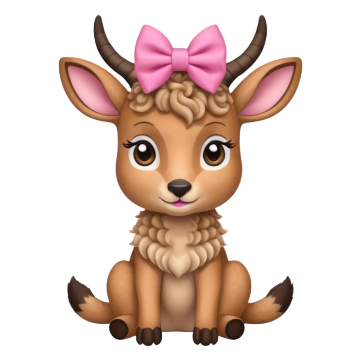 cute gazzelle with curly fur, sitting down, wearing a pink bow on its head. Realistically  sticker