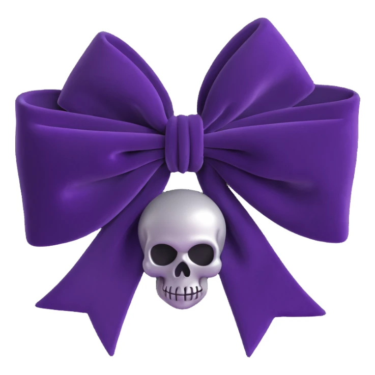 3D emoji gothic bow, deep amethyst velvet, silver skull charm, black rose center, rich and gothic sticker