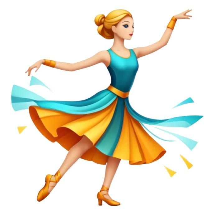 Icon for Contemporary Dance: bright modern clothing, dynamic abstract shapes, movement lines, and stage lighting like spotlights. The icon should convey the energy and creativity of contemporary dance through symbols and visual elements. Transparent background. sticker