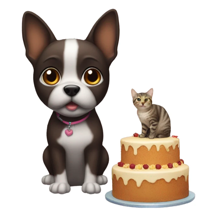 different pets are sitting nearby, there is a cake in front of them sticker