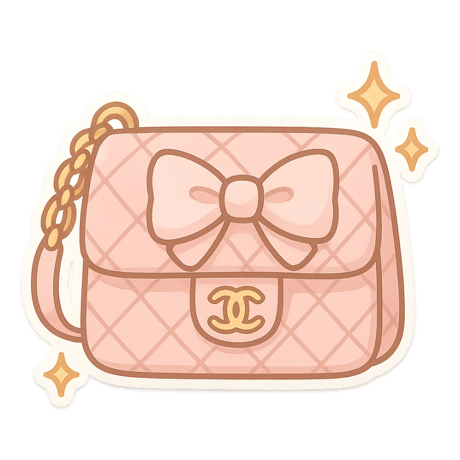 a cute and exaggerated chibi stickers style Chanel purse with a bow and sparkles sticker