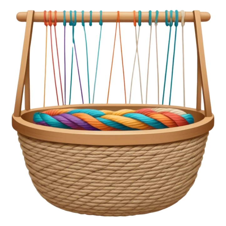 Weaving icon, various types of weaving such as basket weaving, macramé, and loom weaving, showing intertwined threads or ropes, weaving tools like shuttle, crochet hook, and loom, minimalistic style, clean lines, transparent background. sticker