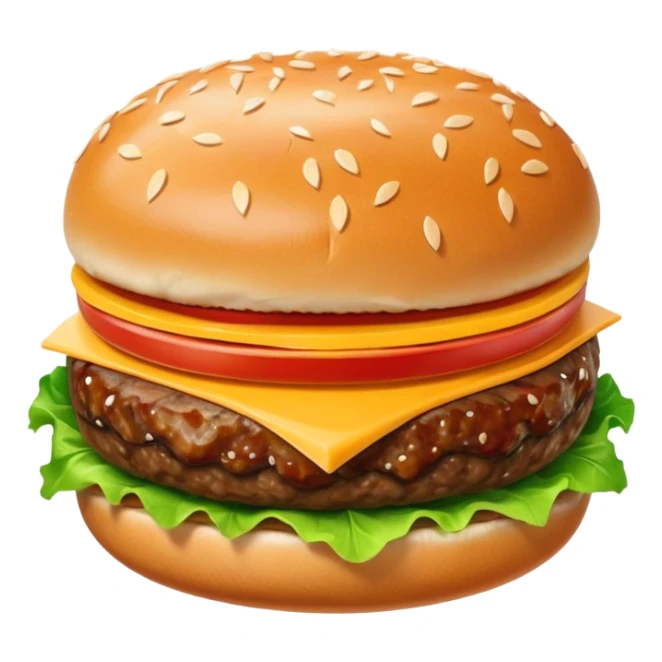 A classic single patty hamburger emoji, 3D Apple style, glossy and colorful. Soft rounded bun with sesame seeds, one beef patty, fresh lettuce, tomato slice, melted cheese, realistic but cartoonish look, clean white background sticker