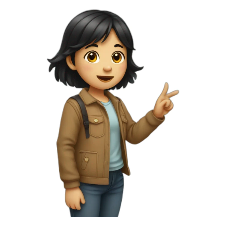 small girl with dark hair pointing her finger up from behind sticker
