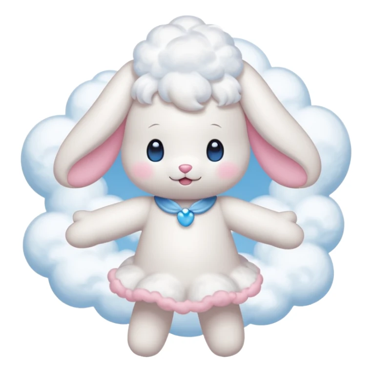 Cinnamon roll from sanrio dancing in the clouds that looks just like him from the cartoon blue eyes pink cheeks white body and filled with cuteness sticker