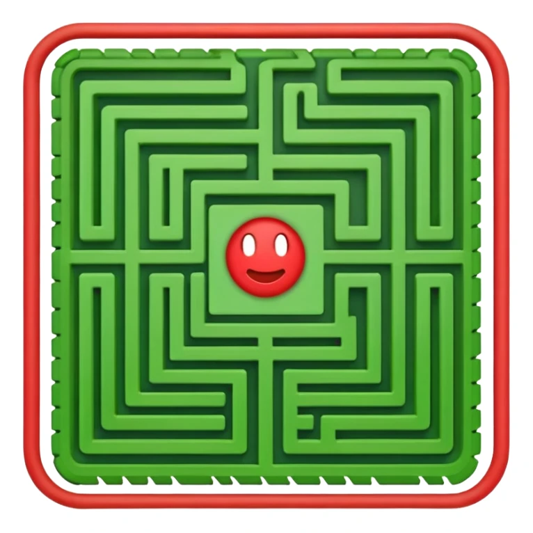 Create a realistic emoji of a maze with different patterns in red which show the wrong way and one way which shows the right way across the maze in green sticker