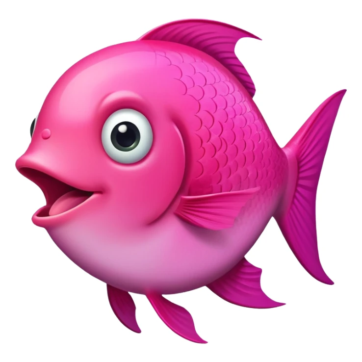 extremely derpy bright pink fish in perfect side profile facing right, wide surprised eye, big open mouth with visible tongue, stupid gaping expression, flat 2D side view only sticker