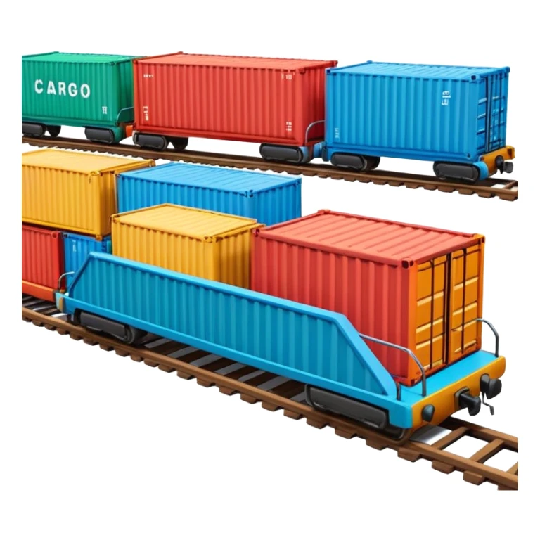 A 3D cartoon cargo train with colorful containers on flatbed cars, industrial background, Memoji-style realism. sticker