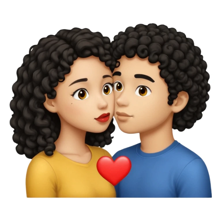 a light skin girl with medium black curly hair and a light brown boy with medium length black hair kissing emoji sticker