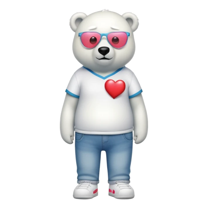 friendly anthropomorphised polar bear standing upright, looking chilled and unbothered, wearing a shirt, jeans, trainers, heart-shaped colorful glasses sticker
