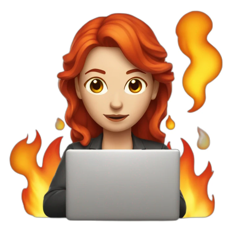 developer red hair woman with a laptop and a huge fire sticker