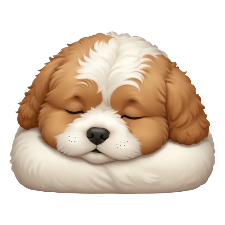 Cinematic Chubby Sleeping Cavoodle Portrait Emoji, Chubby and serene, with a round, cuddly build and a soft, curly apricot coat with subtle white patches, eyes gently closed in peaceful slumber, Simplified yet irresistibly endearing features, highly detailed, glowing with a gentle, dreamy glow, high shine, relaxed and content, stylized with a touch of whimsy, bright and heartwarming, soft glowing outline, capturing the essence of a blissfully sleepy companion, so comically serene it feels like it could roll out of the screen and snore with adorable charm! sticker