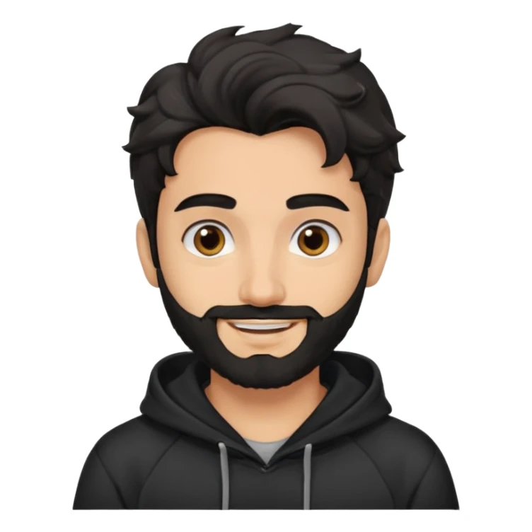young fair skin pakistani guy smiling with black beard, wavy hair pushed back and brown eyes and thick eyebrows wearing black hoodie sticker