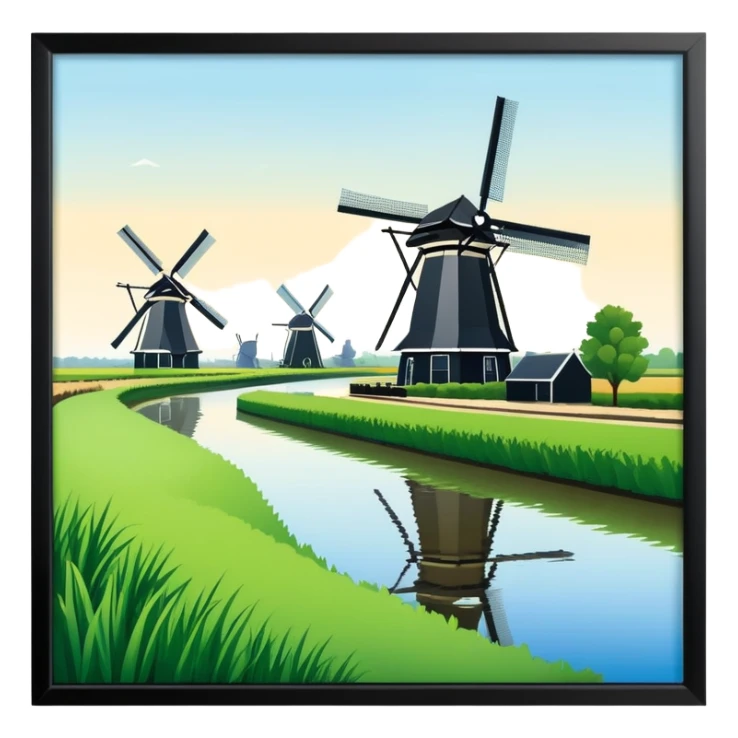cinematic-realistic-kinderdijk-windmills-landmark-emoji,-showcasing-traditional-dutch-windmills-aligned-along-a-tranquil-canal,-with-lush-green-fields in a picture frame sticker