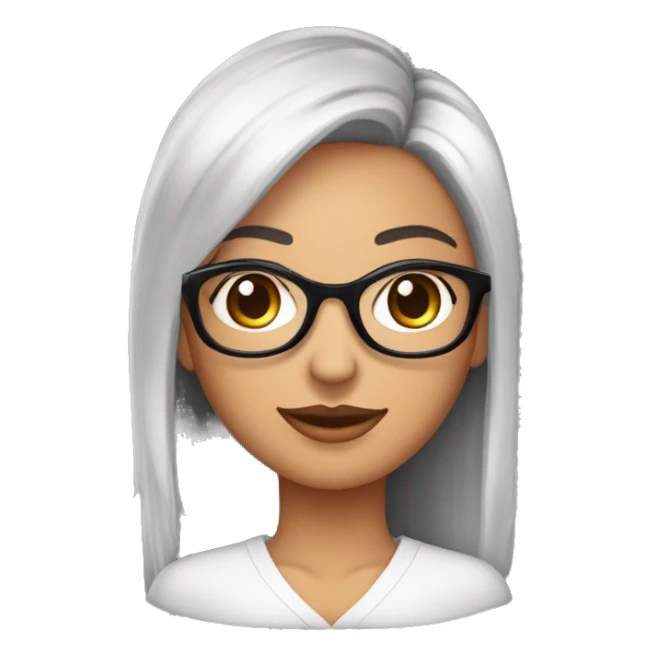 Mulher de pele parda com cabelo médio, preto, sobrancelhas grossas, olhos brilhantes, óculos, boca rosada, olhos castanhos, duas covinhas, blusa de gola alta preta   sticker