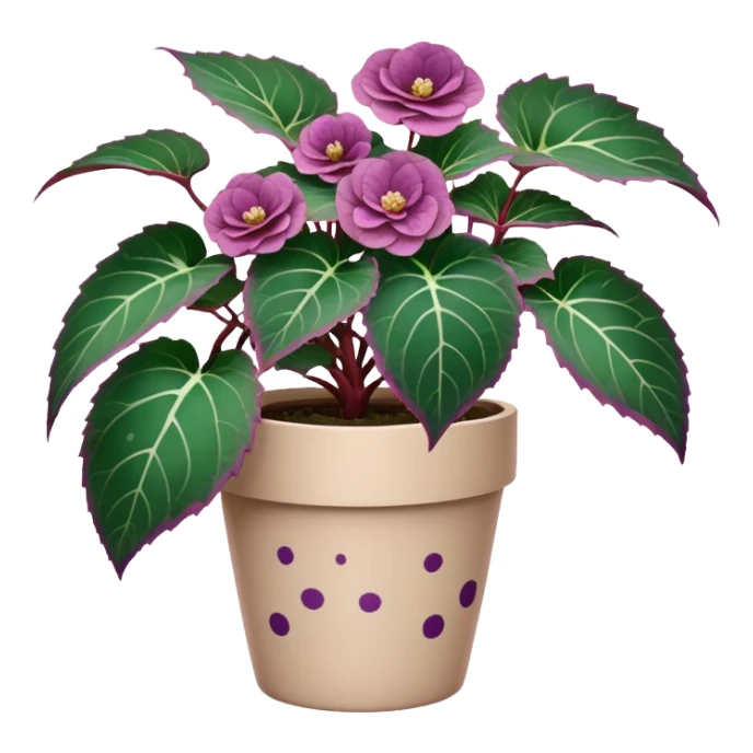 Begonia Rex plant in beige pot with only foliage, no flowers. Each leaf has dark green color, purple edges, white spots in middle, and clear spiral pattern at center where leaf grows sticker