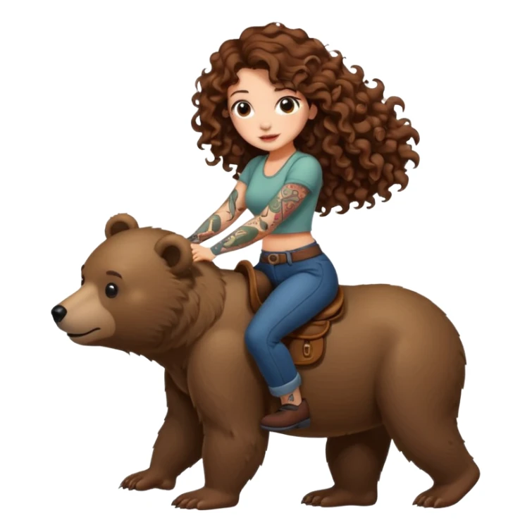 cute woman long curly brown hair tattoos riding bear sticker