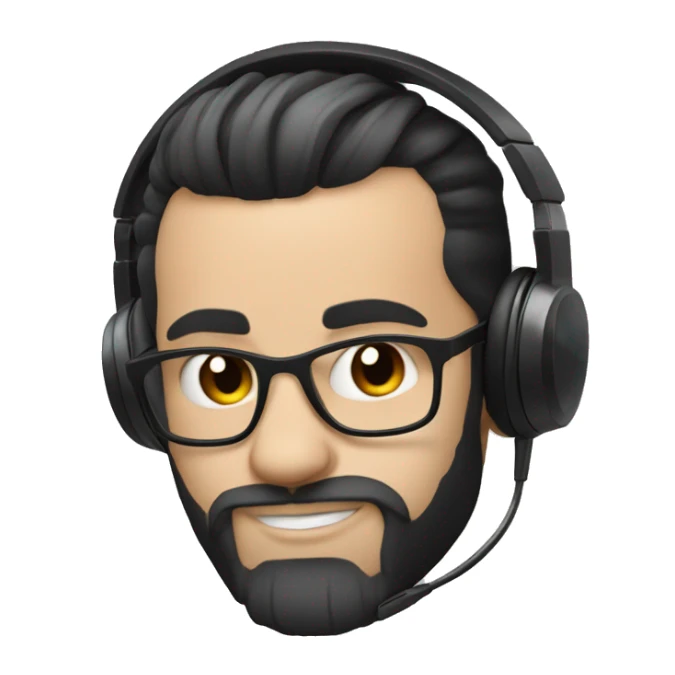 a DJ with white skin, using a headset, "horns", straight black hair that is piled up at the front forming a topknot and a gradient beard joining the hair, he is 35 years old. sticker