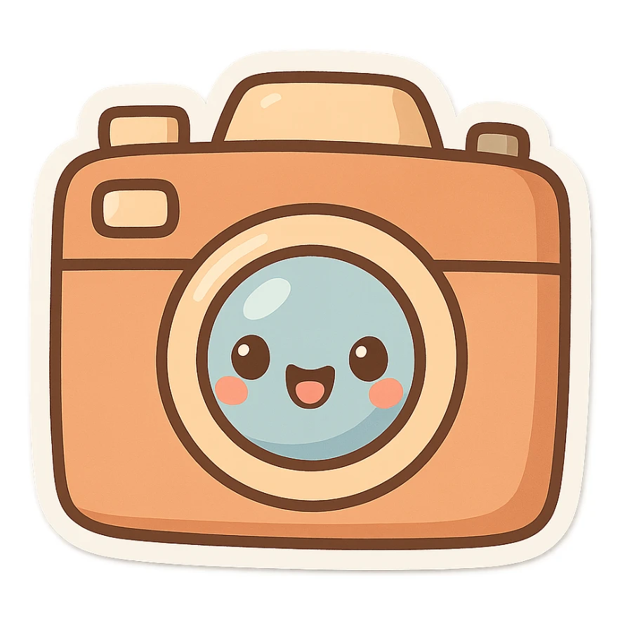 chibi sticker-style camera with a smiling face, cute and exaggerated sticker
