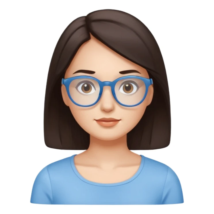 mujer de 30 años, cabello marron oscuro, ANTEOJOS CELESTE BLANCOS, top celeste escote cuadrado, piel blanca, cara redonda sticker