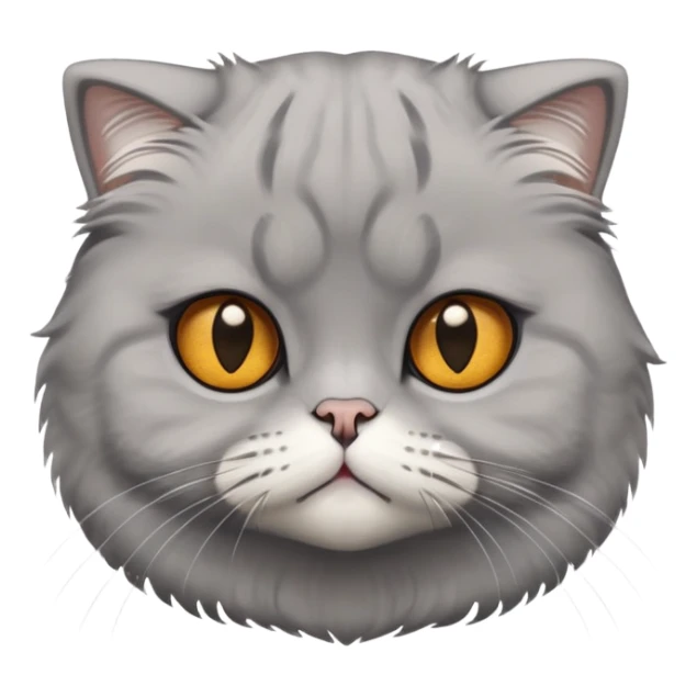 Cinematic-Fluffy-Grey-Scottish-Fold-Cat-Portrait-Emoji – Head tilted cutely with big, sparkling amber eyes, soft solid grey fur, and signature small folded ears pressed gently against its round head, simplified yet irresistibly adorable features, highly detailed, glowing with a soft and warm charm. sticker