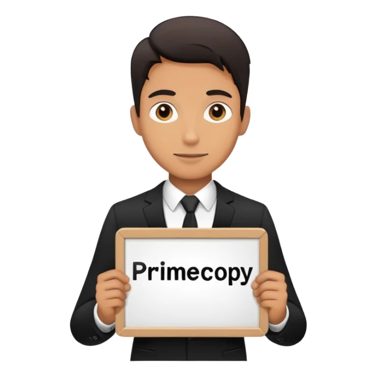 A man in a black suit holds a sign that says PrimeCopy sticker