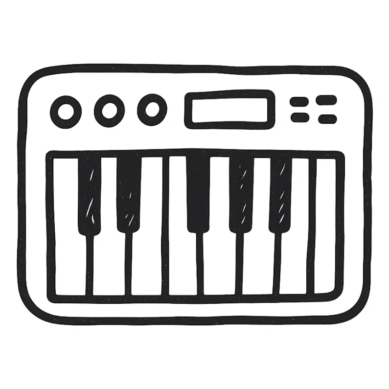 MIDI keyboard icon, hand drawn, black outlines, no fill, simple and clean, side view sticker