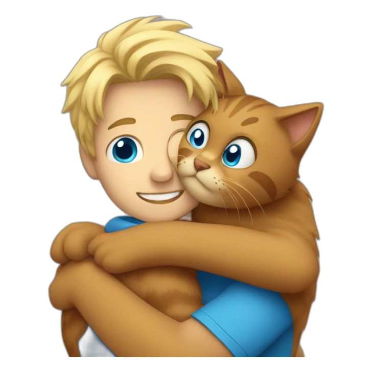 Blond Guy with blue eyes hugging big brown furry cat sticker