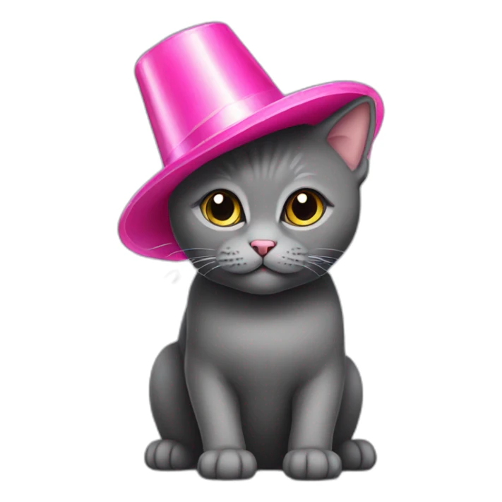 Dark Grey British short hair cat wearing a pink party hat sticker