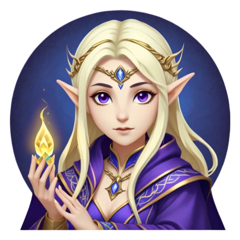 Cinematic Realistic WoW Elf Mage Portrait, head tilted epicly and inquisitively, showcasing a commanding presence and graceful arcane power. Her luminous, porcelain-like skin and delicate features, framed by an intricately detailed robe in deep blues and purples with golden accents, are rendered with lifelike clarity and dramatic, mystical lighting, high shine, epic and awe-inspiring, embodying the timeless magic of an elven mage poised to reshape destiny. sticker