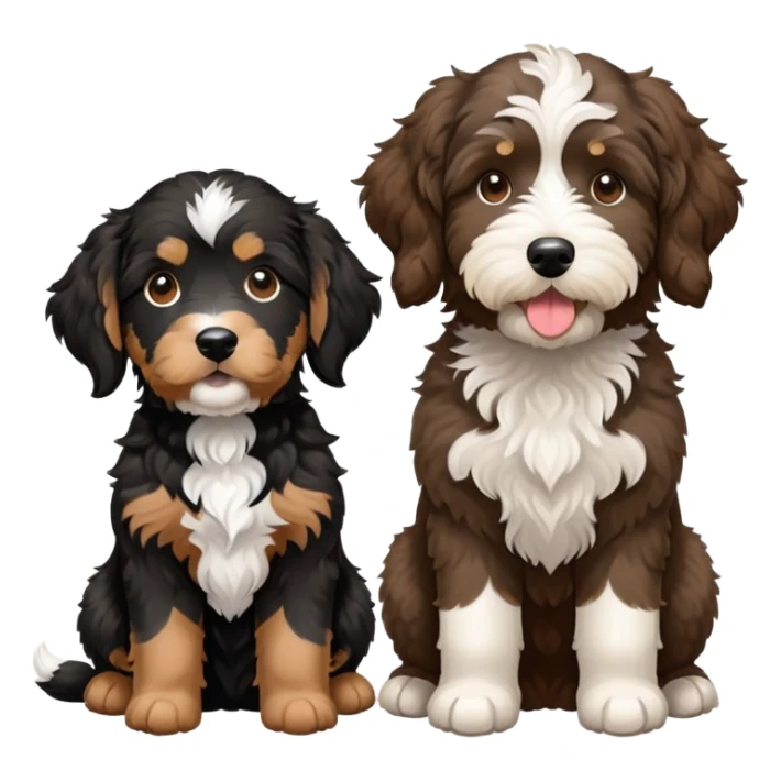 2 dogs: one light brown Aussiedoodle, one all-black Bernedoodle with white eyebrows some white markings, no brown coloring. Both same size. sticker