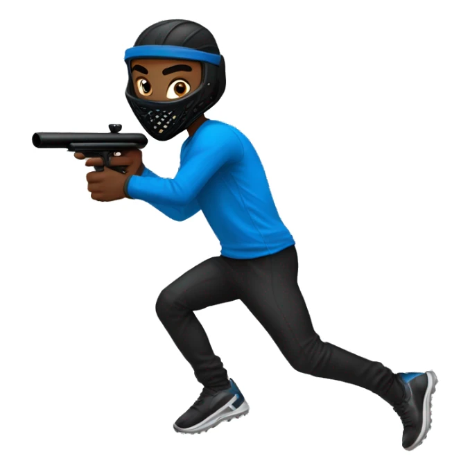 Brown skin paintball player wearing a black head band, blue long sleeve jersey, black pants, and running with a paintball gun in hand  sticker