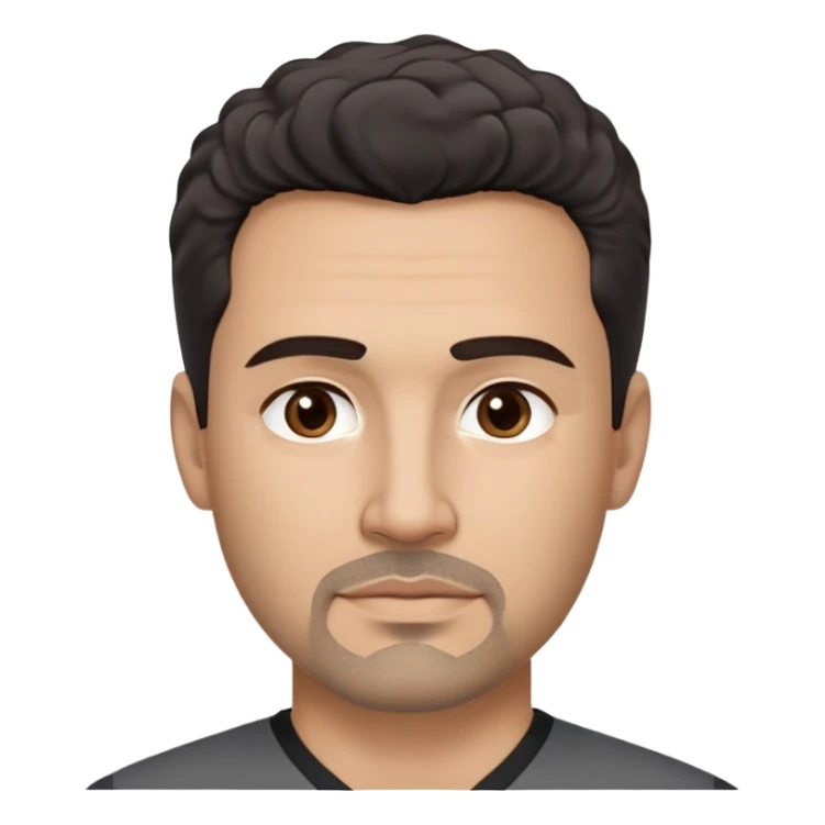 Hispanic man in his 40s with light tan skin. Square face with defined jawline. Warm dark brown eyes with calm gaze. Neutral friendly expression. Thick natural eyebrows. Black goatee with subtle gray hairs. Short curly dark hair with slight receding hairline. Wearing a black V-neck shirt. sticker
