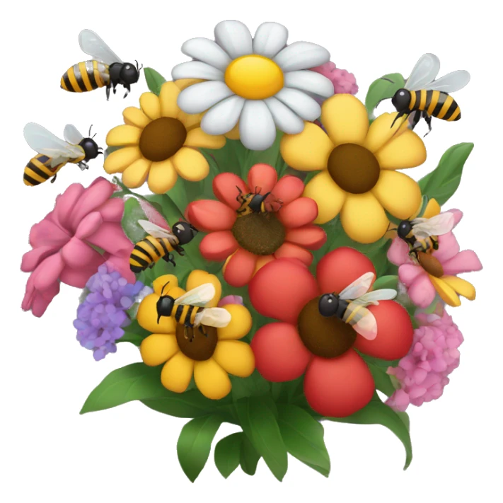 bouquet of flowers with bees flying around it sticker