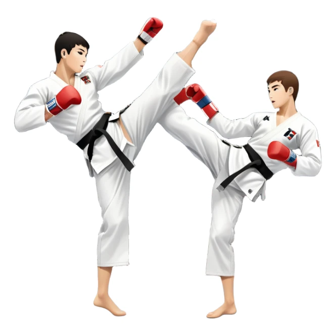 Two taekwondo fighters in traditional white doboks with black belts compete in a dynamic match. One delivers a high kick, while the other blocks using their knee. The background features a professional arena with bright lights and spectators. Transparent background. sticker