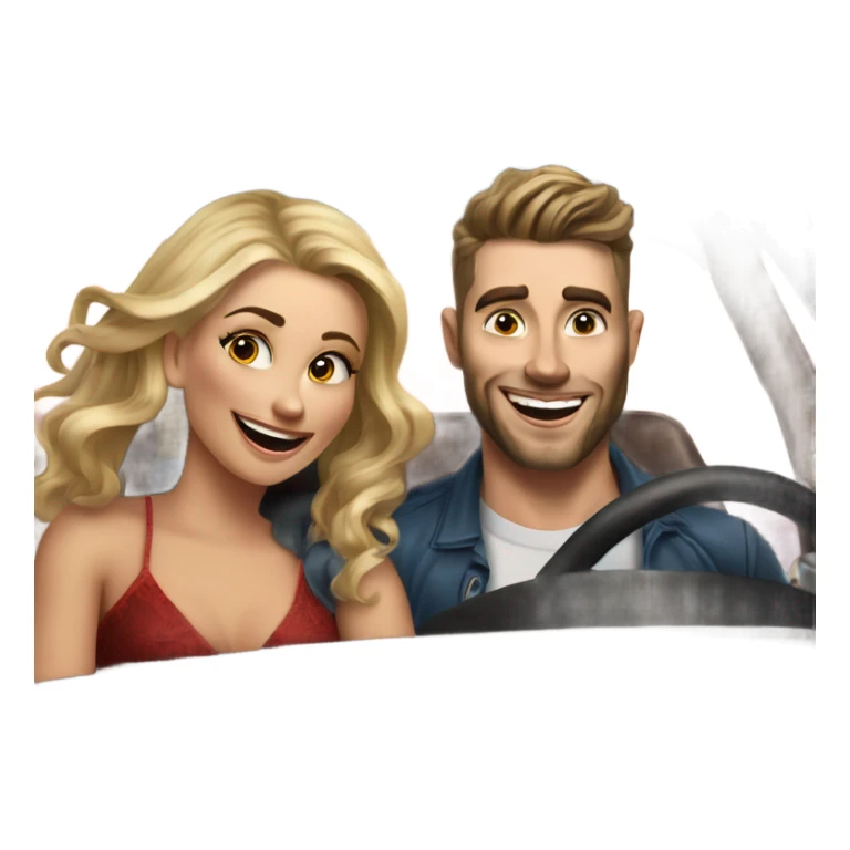 Hyper Realistic beautiful woman and a handsome tattooed man laughing while driving in a fancy car sticker