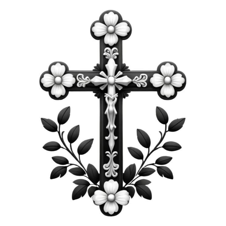 a black and white detailed cross with black and white flower sticker