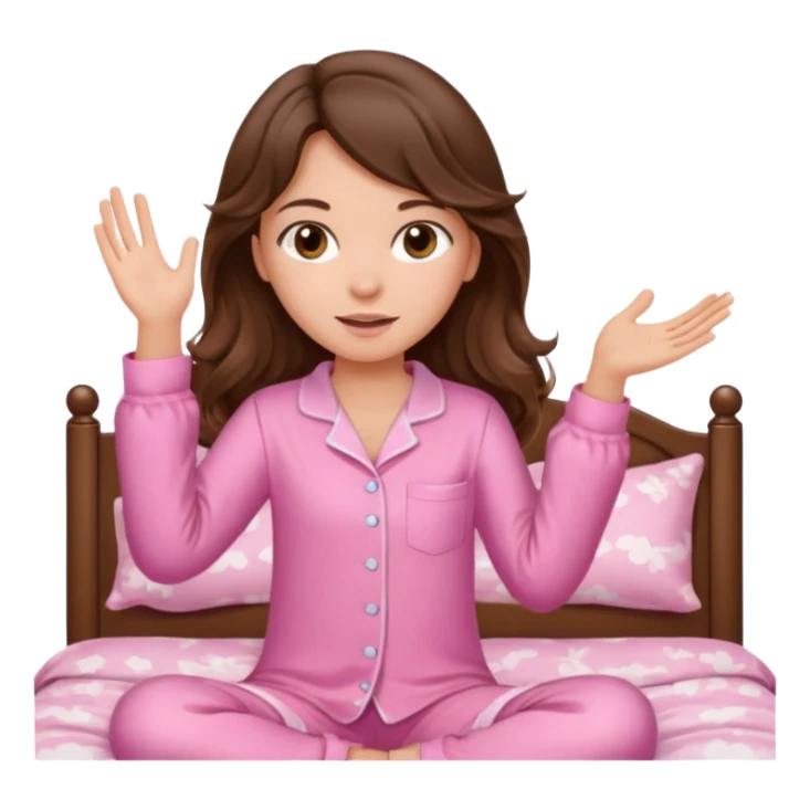 Brunette girl with long wavy brown hair with brown eyes and slapping on a withe bed with cute pink pjs sticker
