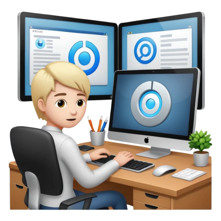 create an isometric of someone busy working on a computer, the screen should show a portal and in office environment sticker