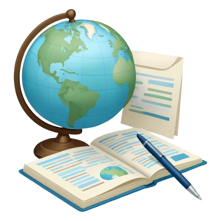 Create an emoji representing language translation. The design should feature a globe in the background, symbolizing international communication. In front of the globe, place two books or sheets of paper with texs on them and a pen nearby to indicate the act of writing. Use a clean and professional color palette with blues, greens, and neutral tones. Make the background transparent. sticker