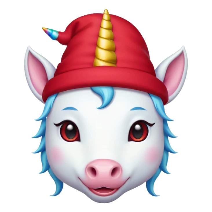 unicorn face cute wearing cute red hat, horn piercing through the hat looking in the camera sticker