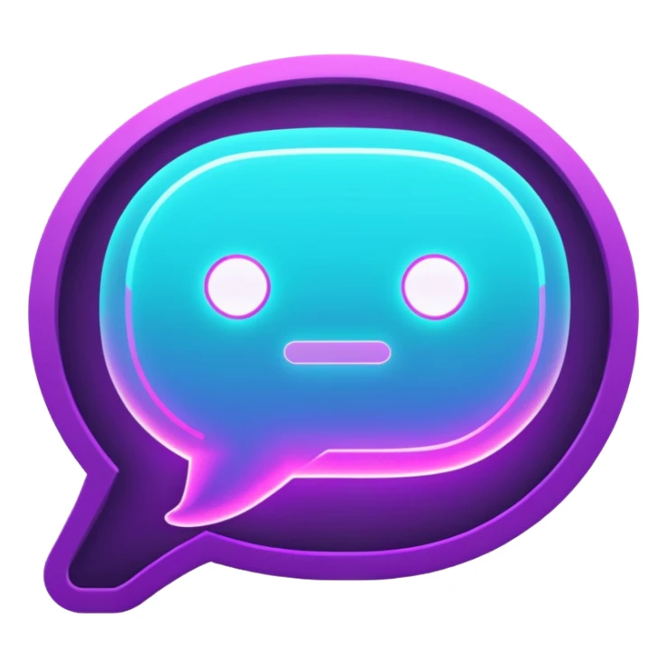 futuristic minimalistic glowing chat bubble icon, purple and cyan neon lines, dark background, digital communication style, 1:1 aspect ratio, no face sticker