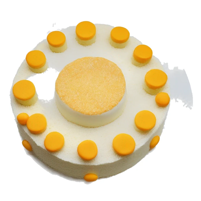 a round salted egg sponge cake on a white plate. The cake is topped with salted egg yolks, mayonnaise, pork floss, and cream cheese pieces, all arranged decoratively. sticker