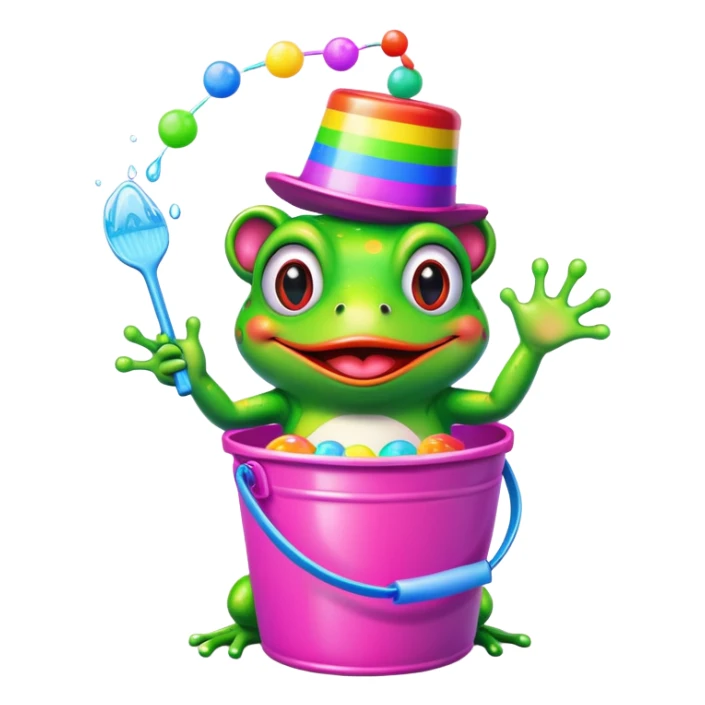 clown frog pepe with a rainbow bucket, pink background sticker