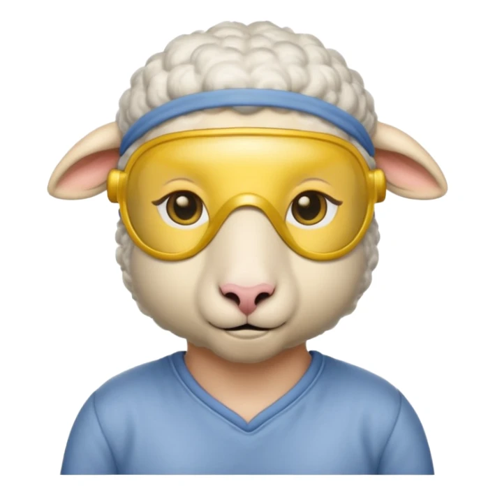 a sheep with yellow sleep mask and wearing shirt sticker