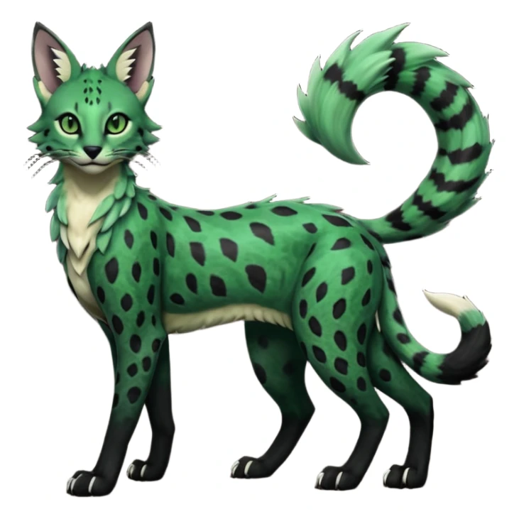 Epic complex detailed dark dusky gloomy deep gothic dark-deep-green, black, realistic Fakémon-Sprigatito-Floragato-Meowscarada-Trico-Sergal-Serval-Vernid-creature (full body) sticker