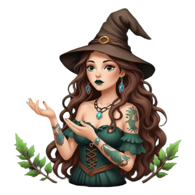 forest witch woman long wavy brown hair tattoos blowing moon dust sticker