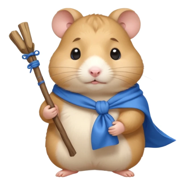 Cute fat cartoon-style hamster carrying a stick with a tied blue cloth bundle (bindle) over its shoulder with a melancholy expression. sticker