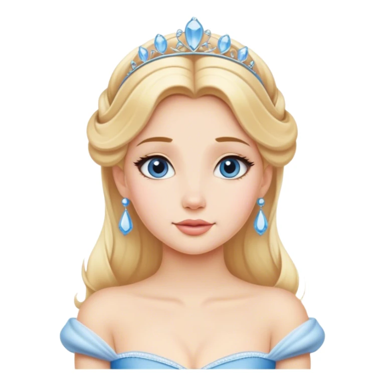 Cinematic Timeless Cinderella Portrait Emoji, rendered in a realistic, simplified vector style. Depict a classic Cinderella with delicate fair skin, beautifully styled blonde hair, and a calm, content expression, dressed in her iconic gown. The design is highlighted by a soft glowing outline and gentle, enchanting luminosity, capturing the essence of pure fairy-tale elegance. sticker