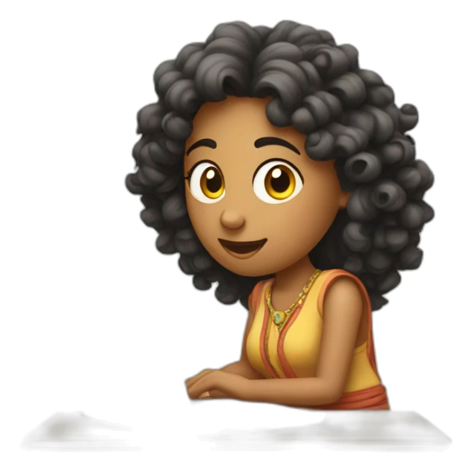 A curly indian lady learning about morgages on a laptop sticker